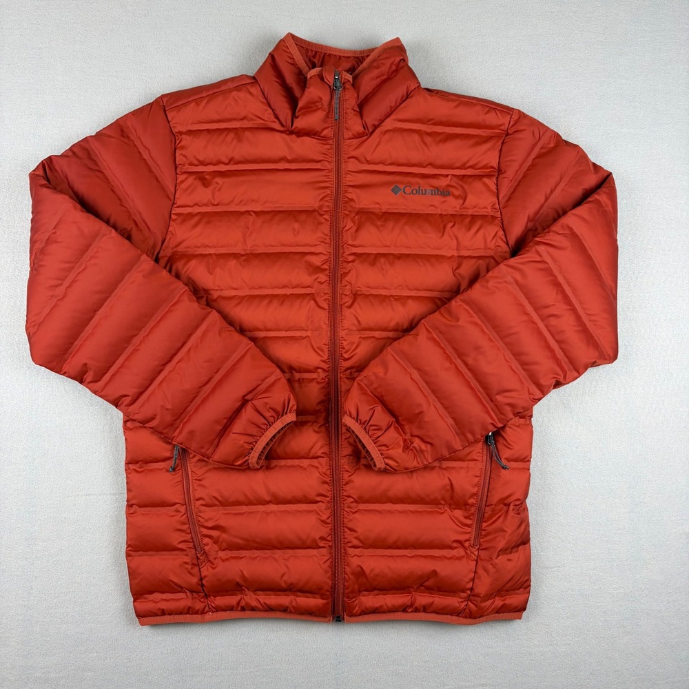 Columbia Lake 22 Mens Medium 650 Down Full Zip Puffer Jacket Orange Red